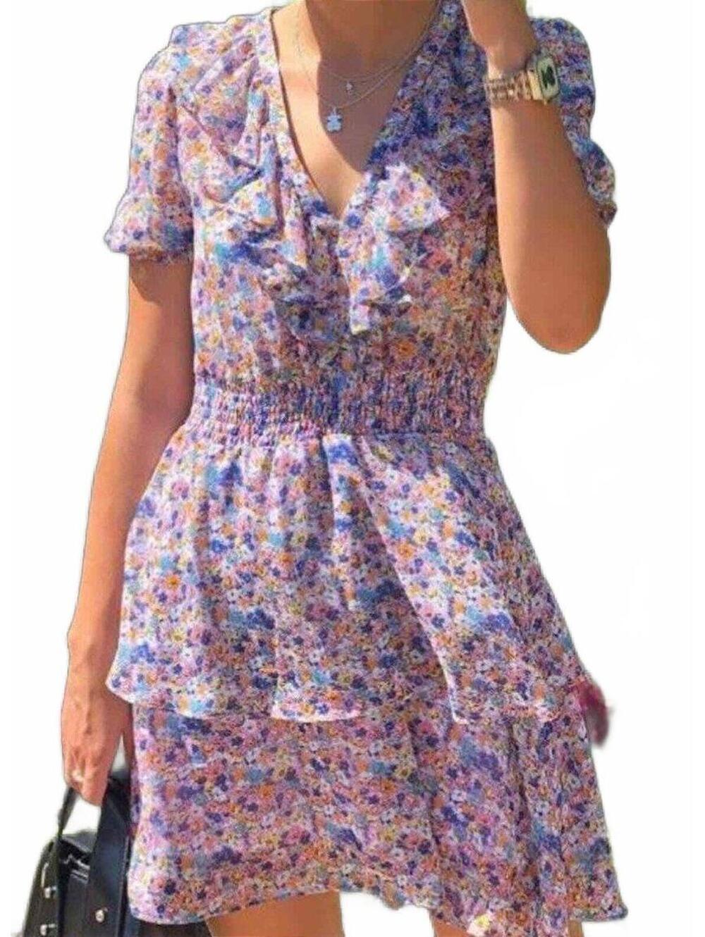 ZARA Purple Ditsy Floral Smocked Mini Dress Ruffle Flutter Sleeve Whimsical S